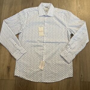 Lucky Brand Slim L/S Stretch Button Up Shirt Men's White Flipper Print M 15/15.5